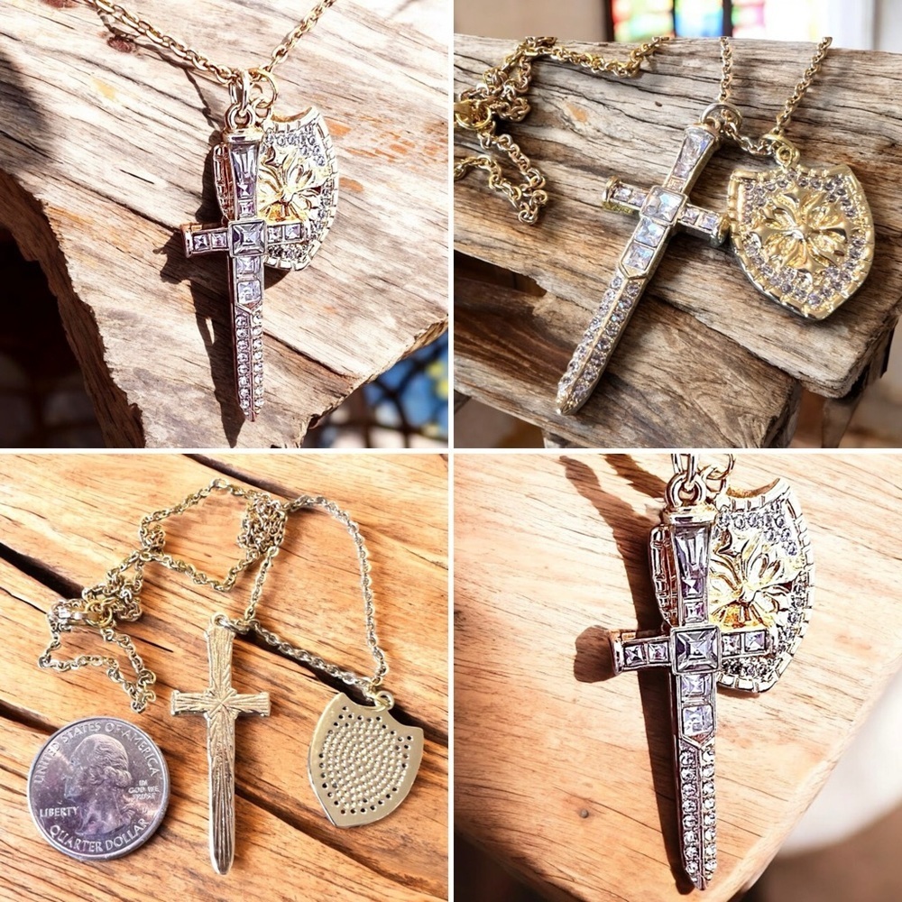 Sparkling Gold Toned Cross Sword Necklace with Shield DND Paladin - Picture 17 of 17